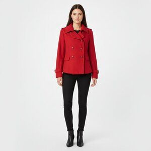 Suzy Shier Pea Coat Womens Large Red Polyester Rayon Double Breasted Button